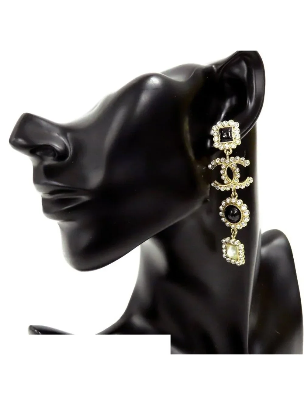 Chanel Drop Earrings Gold Metal Rhinestone CC Logo